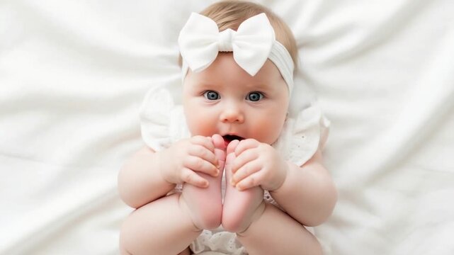 Adorable baby girl with white bow headband holding her tiny feet isolated on white background