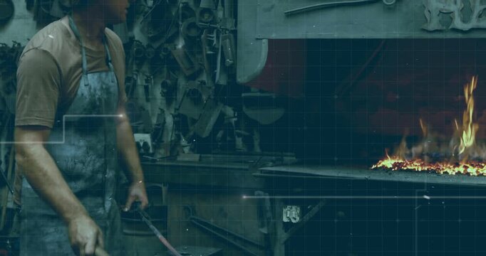 Male blacksmith picking glowing bar from forge, hammering on anvil and reheating to shape metal