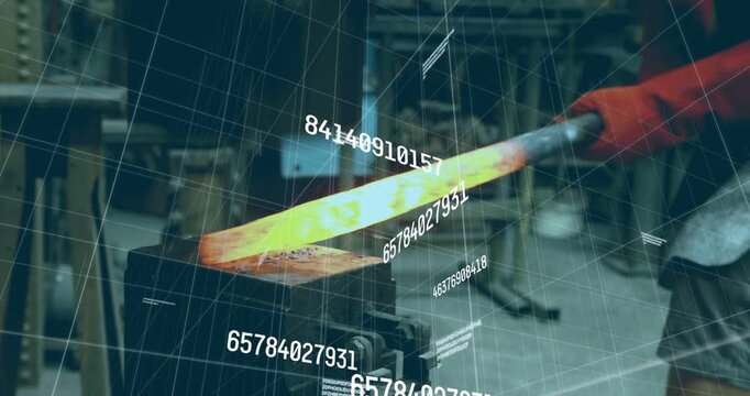 Metalwork gloved hand entering and pivoting glowing bar on anvil, aligning while overlays updating