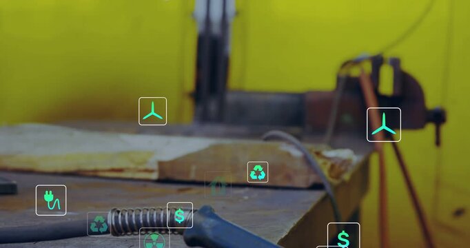 Camera panning, neon icons appearing and drifting over metal bench, torch to vice, showing cost