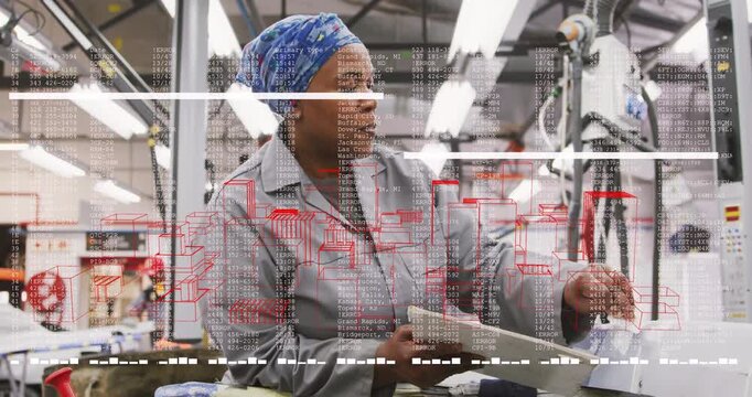 Aligning worker in gray coat blue scarf inserting sheet into machine, reacting to data with folder