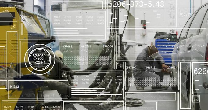 Male technician crouching beside silver car in bay, HUD graphics appearing, securing hose connector