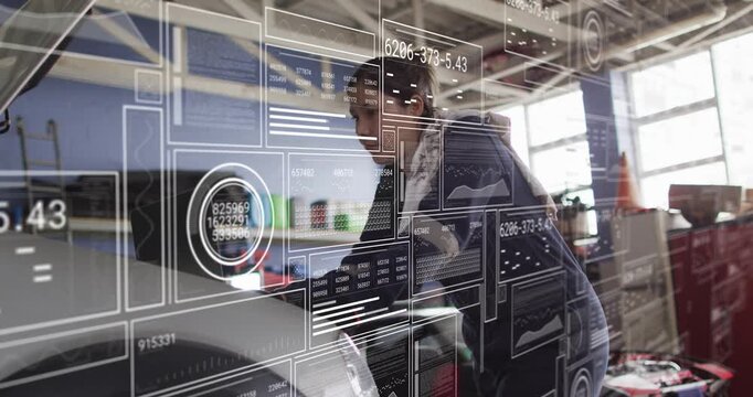 Female technician leaning over open hood, following AR automotive gauges updating and tuning engine