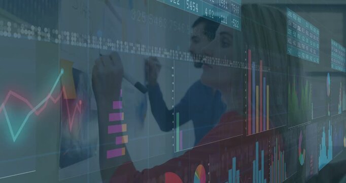 Projected finance charts appearing, guiding team annotating board, comparing data and using tablet