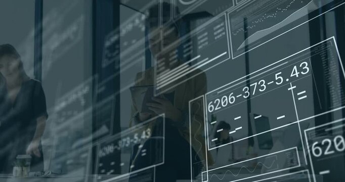 AR panels gliding across forming grid causing woman with tablet analyzing charts for business sync