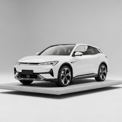 Obraz premium Sleek White Modern Electric SUV on Minimalist Concrete Platform