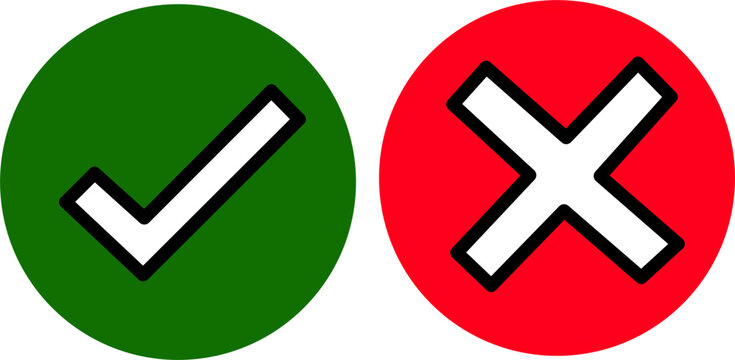 Green checkmark and red cross icons in circular shapes, representing approval and rejection, success and failure, isolated on a clean background.