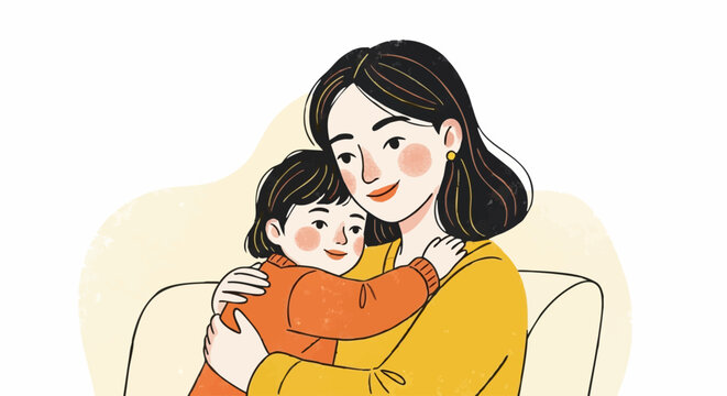 Warm Embrace: A mother and child share a tender moment of affection, their close bond palpable in this heartwarming illustration. 