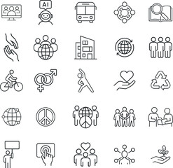 Fototapeta premium Social vector icon set, people, community, globe, AI robot, bus, building, cycling, gender, recycle, peace, care, education, protest, network, growth