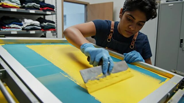 Person screen printing textile yellow ink on a printing machine