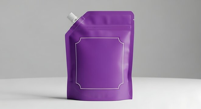 A vibrant purple stand-up pouch with a white spout and a decorative label area, presented against a neutral background.