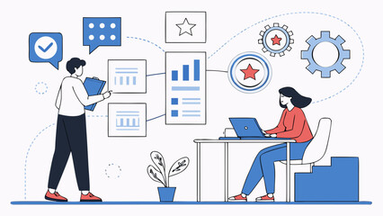 Obraz premium A minimalist vector illustration of two coworkers collaborating on a project with various workflow and productivity icons surrounding them.