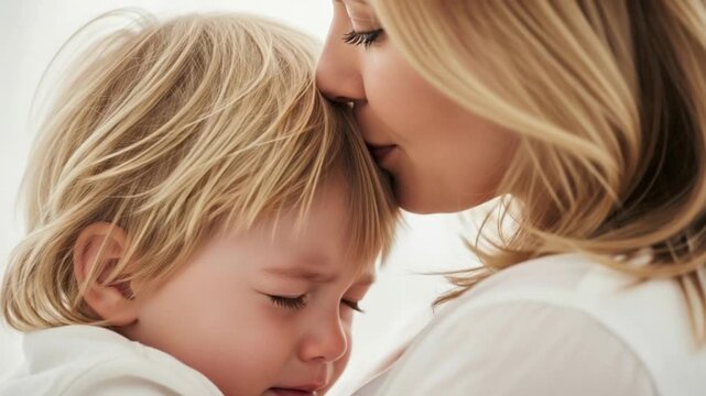 Closeup of a loving mother comforting and kissing her young son on the forehead, showing affection and emotional support, isolated on white background