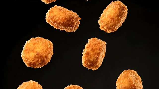 Breaded Chicken Nuggets Falling Against Black Background.