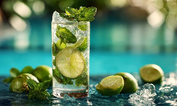 Refreshing Mojito Cocktail with Lime, Mint, and Ice in Glass, Summer Poolside Beverage Concept for Bar, Restaurant, and Lifestyle Advertising Video
