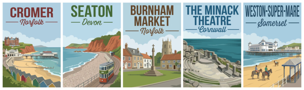 Vintage united kingdom travel poster set. Including cromer, seaton, burnham market, the minack theatre, and weston super mare. Retro vector.