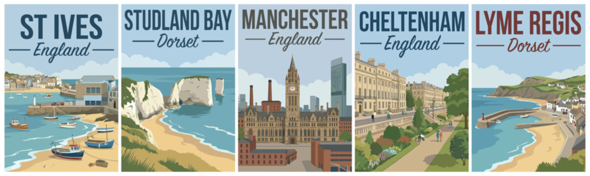 Vintage british united kingdom travel poster set. Including st ives, studland bay, manchester, cheltenham, and lyme regis. Retro vector.