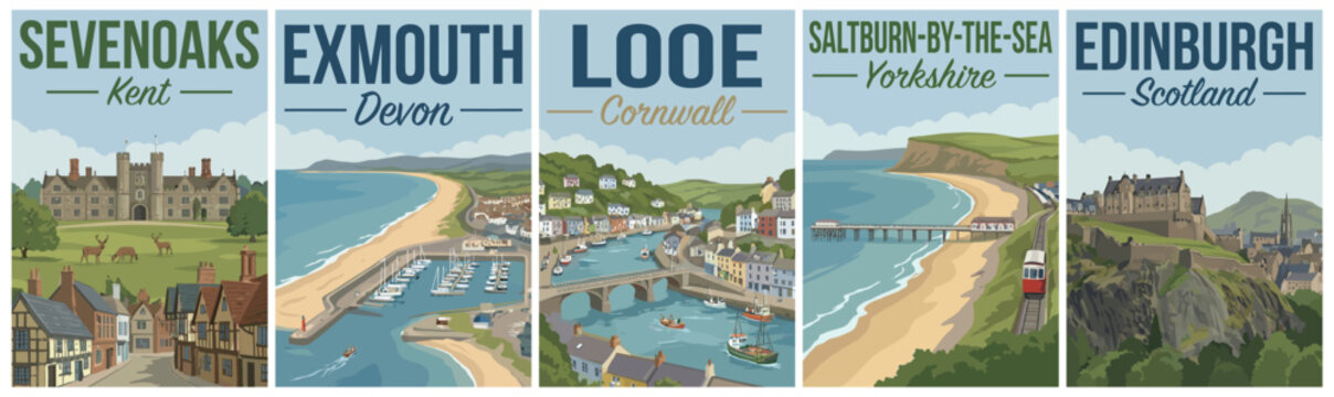 Vintage british united kingdom travel poster set. Including sevenoaks, exmouth, looe, saltburn by the sea, and edinburgh. Retro vector.