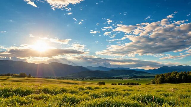 Sunrise over grassy field with mountains