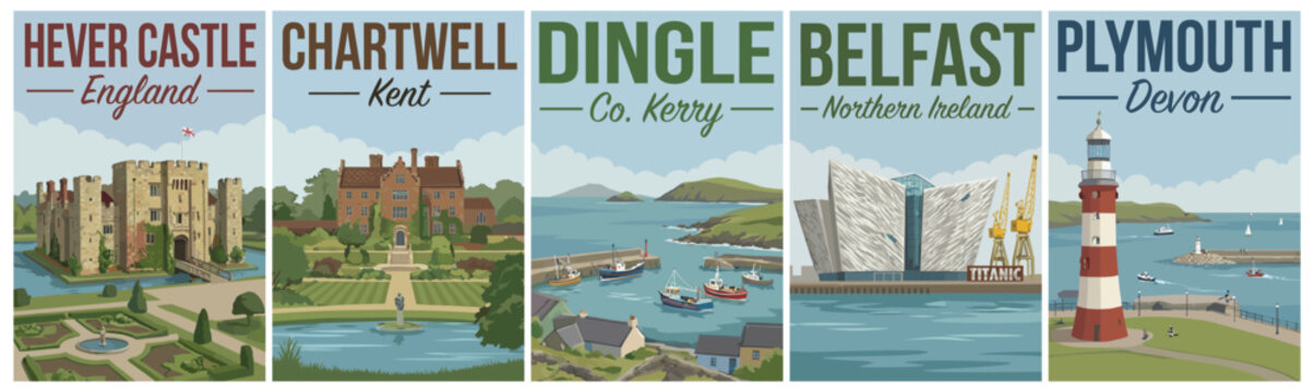 Vintage british and irish travel poster set. Including hever castle, chartwell, dingle, belfast, and plymouth. Retro vector.