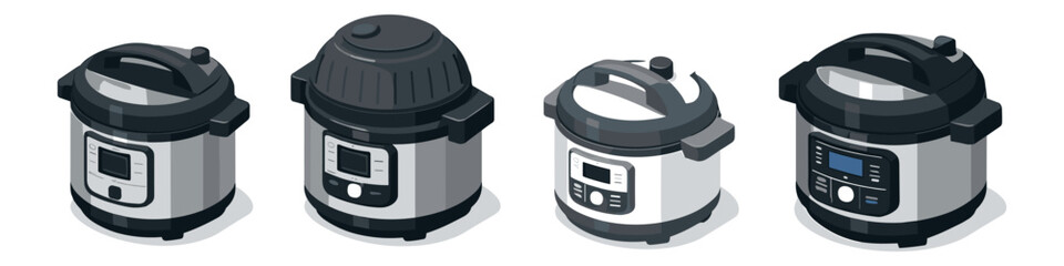 Fototapeta premium Collection of four isometric pressure cooker appliances with digital displays and handles