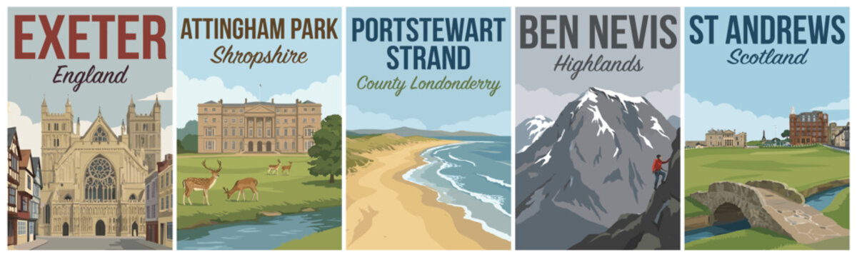 Vintage british united kingdom travel poster set. Including exeter, attingham park, portstewart strand, ben nevis, and st andrews. Retro vector illustration.