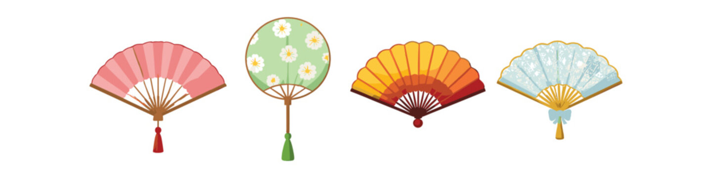 Collection of four decorative fans in various colors and styles, perfect for summer