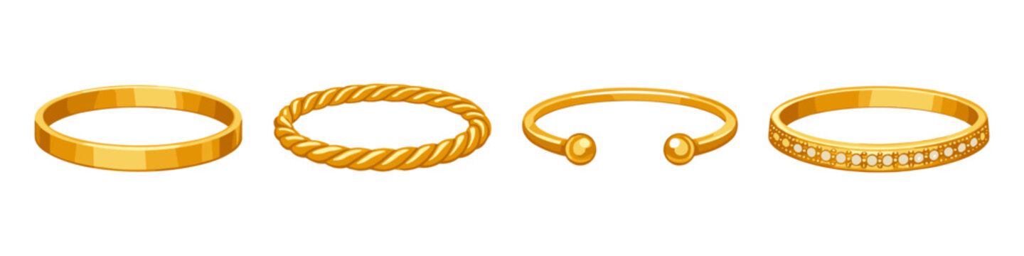 Collection of four elegant gold bracelets with different designs and embellishments