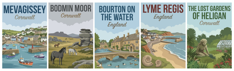 Vintage british united kingdom travel poster set. Including mevagissey, bodmin moor, bourton on the water, lyme regis, and gardens of heligan. Retro vector.