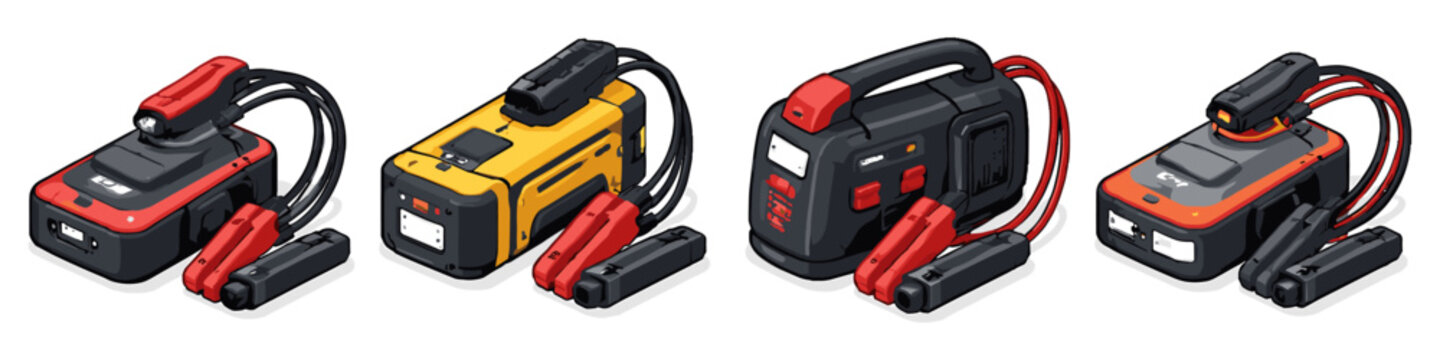 Set of four portable car jump starter battery packs with jumper cables