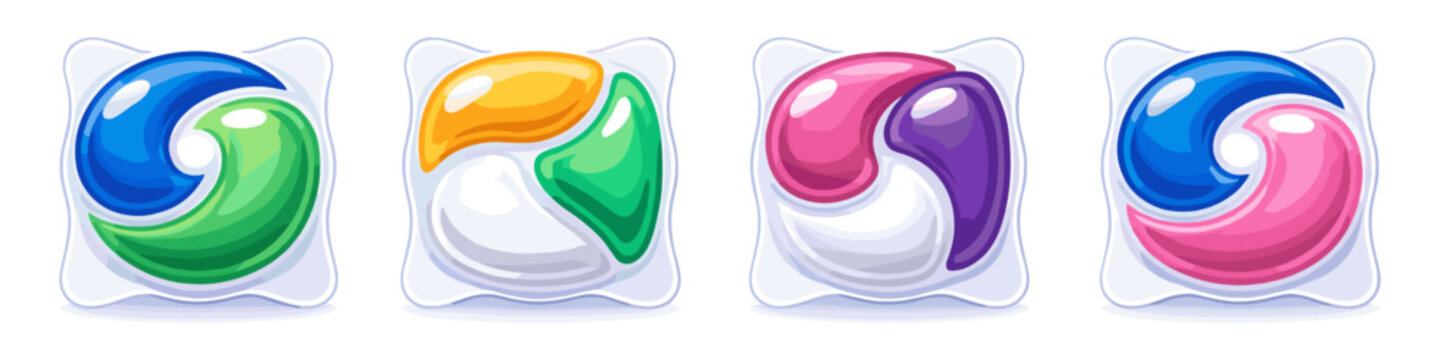 Four colorful laundry detergent pods with swirling liquid inside each