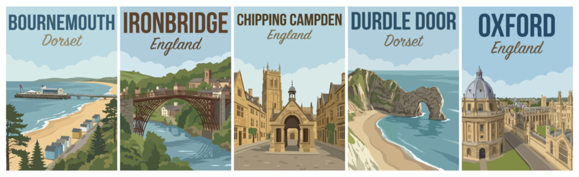 Vintage british united kingdom travel poster set. Including bournemouth, ironbridge, chipping campden, durdle door, and oxford university. Retro vector.