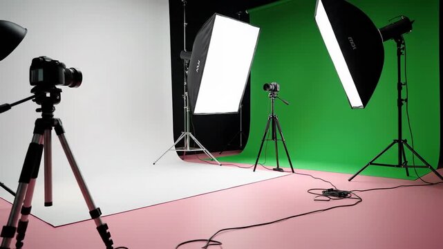Photography studio with lighting equipment and backdrop setup