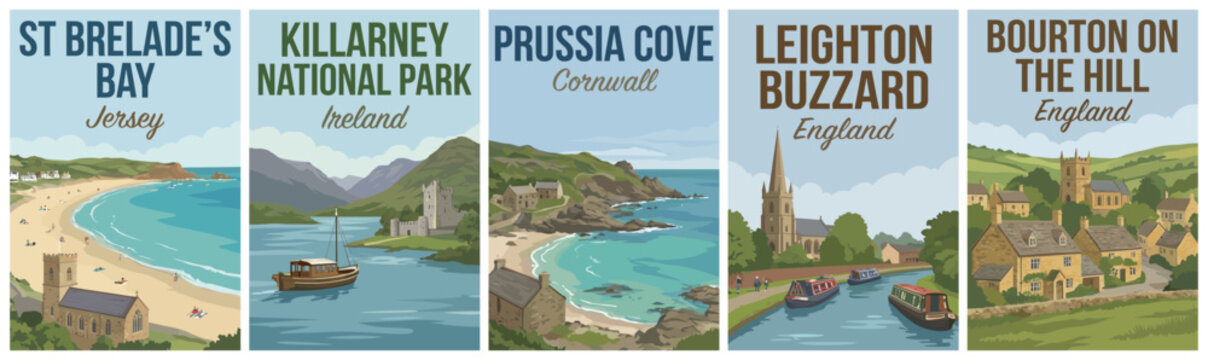 Vintage british and irish travel poster set. Including st brelades bay, killarney national park, prussia cove, leighton buzzard, and bourton on the hill. Retro vector.