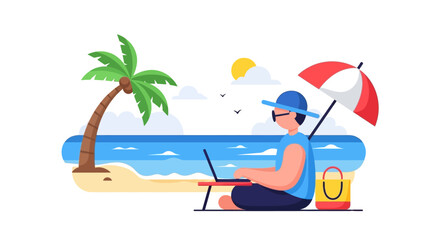 Fototapeta premium Man Working Remotely on Laptop at a Tropical Beach. Digital Nomad Lifestyle with Ocean View and Palm Tree.