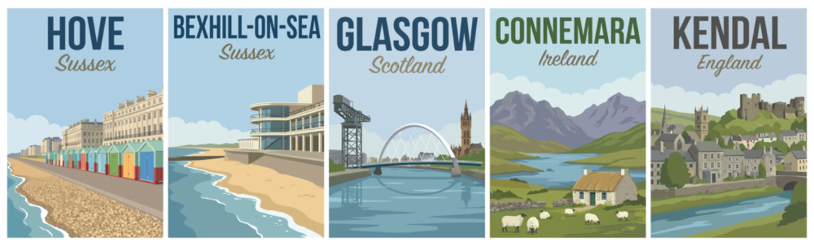 Vintage british and irish landscape travel poster set. Including hove, bexhill on sea, glasgow, connemara, and kendal. Retro vector.
