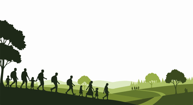 Silhouettes of people show human migration, adults and children walking uphill on a green, rolling landscape. Human migration illustrates displacement, new opportunities.