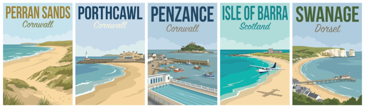 Vintage british united kingdom travel poster set. Including perran sands, porthcawl, penzance, isle of barra, and swanage. Retro vector landscape illustration.