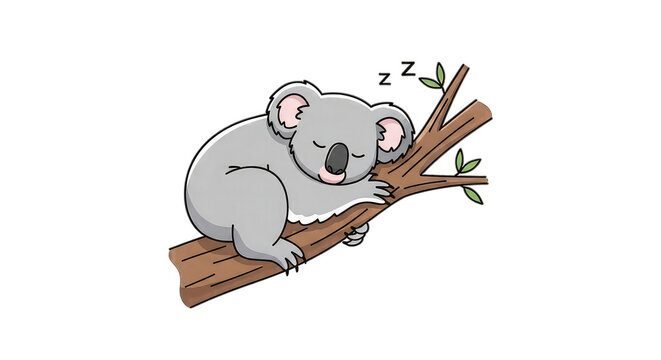 cute koala sleeping on wooden branch with zzz animation in cartoon style