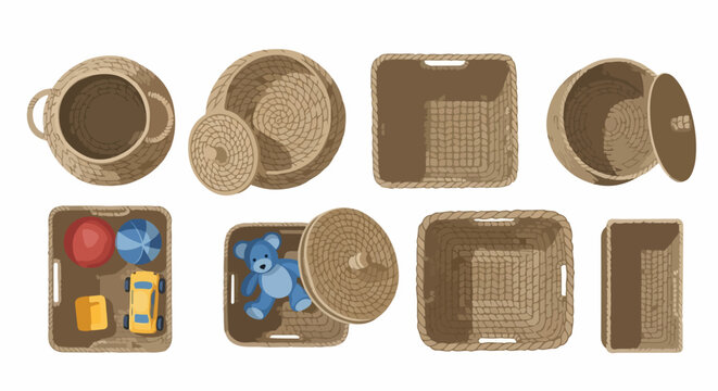 Woven storage basket set displaying various top view designs for home organization. Collection includes round, square, rectangular woven storage basket models, some with lids or filled with toys.