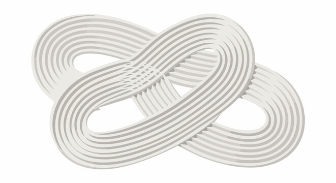 Modern white infinity symbol formed by multiple intertwined parallel lines on clean background. Smooth geometric infinity symbol represents continuous connection, endless possibilities.