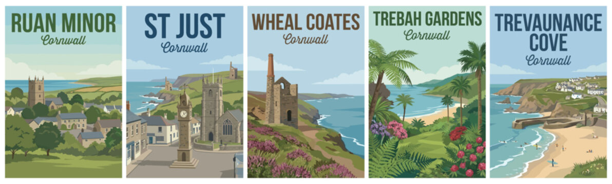 Vintage cornwall united kingdom travel poster set. Including ruan minor, st just, wheal coates, trebah gardens, and trevaunance cove. Retro vector.