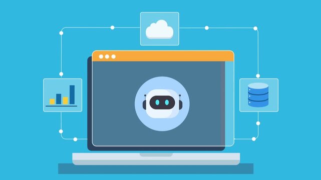 Animated flat illustration of a laptop displaying cloud automation analytics dashboard with bot system, charts, and database interface on a minimal background.