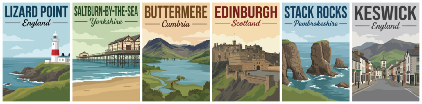 Vintage british travel poster set. Including lizard point, saltburn, buttermere, edinburgh, stack rocks, and keswick. Retro vector illustration.