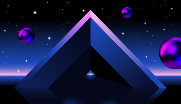 Geometric pyramid with door or surreal neon entrance glowing in the night with reflection on water and mountains on background