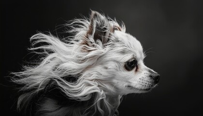 Naklejka premium Elegant Chinese Crested Dog with Flowing White Hair Against Dark Background.