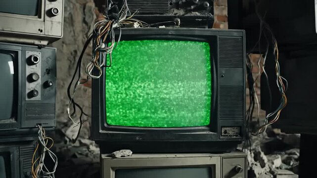 Pile of old television sets stacked against a brick wall background