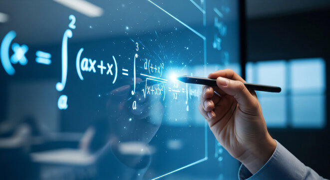 Hand writing complex mathematical equations on glowing digital screen