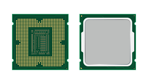Computer processor chip vector illustration, top and bottom view. Square green chip isolated