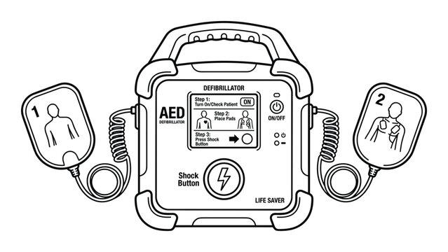 Automatic External Defibrillator (AED) line art vector illustration with electrode pads and screen displaying instructions, crucial for emergency cardiac care.